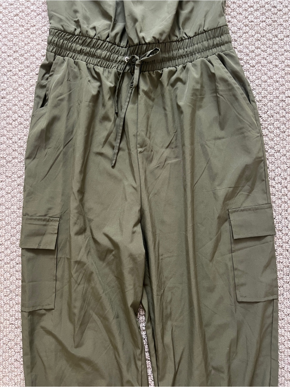 Olive Green Halter Jumper Jumpsuit w cargo pockets, cinched waist & ankles XL - Picture 5 of 7